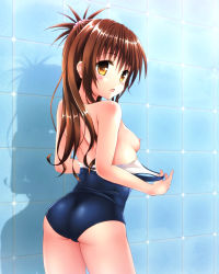 1girl ass blush breasts brown_hair flat_ass long_hair nipples one-piece_swimsuit school_swimsuit shadow small_breasts solo swimsuit tamanegi_(genpi) to_love-ru yellow_eyes yuuki_mikan rating:Questionable score:22 user:danbooru