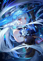  1girl armpit_crease bare_shoulders blue_bow blue_collar blue_dress bow breasts chinnpou collar cowboy_shot dress hair_between_eyes hair_bow high_ponytail highres holding holding_sword holding_weapon honkai:_star_rail honkai_(series) jingliu_(honkai:_star_rail) long_hair looking_at_viewer medium_breasts parted_lips red_eyes signature solo standing sword twitter_username very_long_hair weapon 