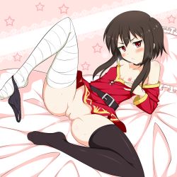  &gt;:&lt; 10s 1girl :&lt; arm_support bandaged_leg bandages bed belt black_hair black_panties black_thighhighs blush breasts choker cleft_of_venus clothes_pull collar dress dress_pull female_focus highres kono_subarashii_sekai_ni_shukufuku_wo! leg_up looking_at_viewer megumin mugen_panda no_bra off_shoulder one_breast_out panties panties_around_leg pillow pussy reclining red_eyes short_dress short_hair short_hair_with_long_locks sidelocks single_thighhigh small_breasts solo spread_legs star_(symbol) sweatdrop thighhighs uncensored underwear v-shaped_eyebrows 