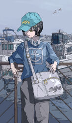  1girl absurdres against_railing bag baseball_cap bird black_hair blue_hat blue_necktie blue_sky blue_sweater blue_theme boat bob_cut collared_shirt cowboy_shot earrings grey_pants hat hat_over_one_eye heart heart_earrings highres jewelry leaning_on_object looking_to_the_side natsugu72 necktie one_eye_covered original outdoors pants railing shirt short_hair shoulder_bag sky smile solo sweater water watercraft white_bag white_shirt yellow_eyes 