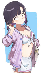  1girl absurdres bag bikini bikini_skirt black_hair blush breasts cleavage closed_mouth do_it_yourself!! gazacy_(dai) hand_in_own_hair highres jacket long_sleeves looking_at_viewer medium_breasts multicolored_hair open_clothes open_jacket pink_jacket purple_hair red_eyes short_hair simple_background solo suride_miku swimsuit two-tone_background white_bikini  rating:Sensitive score:7 user:danbooru