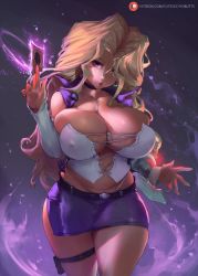 1girl bare_shoulders belt blonde_hair breasts bursting_breasts card cleavage commentary curvy cutesexyrobutts earrings covered_erect_nipples hair_over_one_eye highres huge_breasts jewelry kujaku_mai long_hair looking_at_viewer miniskirt no_bra parted_lips pencil_skirt purple_eyes side_slit skirt solo thick_thighs thigh_strap thighs very_long_hair whale_tail_(clothing) wide_hips yu-gi-oh! rating:Questionable score:114 user:danbooru