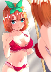  1girl :t blue_eyes blush bra breasts cleavage closed_mouth collarbone commentary_request full-length_mirror gluteal_fold go-toubun_no_hanayome green_ribbon hair_between_eyes hair_ribbon highres large_breasts mirror nakano_yotsuba navel orange_hair panties pout red_bra red_panties reflection ribbon solo twitter_username underwear underwear_only usubeni0 