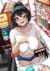  1girl 1other aoi_sakura_(seak5545) banknote blue_eyes blush bodypaint brand_name_imitation breasts cameltoe cash_register chinese_commentary collarbone commentary_request completely_nude counter denim denim_shorts exhibitionism hand_up highres indoors large_breasts lay&#039;s_(potato_chips) long_hair looking_at_viewer money nipples nude original painted_clothes ponytail pov public_indecency short_shorts shorts sweat upper_body wallet wavy_mouth  rating:Explicit score:85 user:danbooru