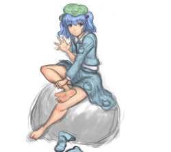 1girl barefoot blue_eyes blue_footwear blue_hair blush boots unworn_boots feet female_focus hair_bobbles hair_ornament hat highres kawashiro_nitori kuro_suto_sukii matching_hair/eyes open_mouth rock shoes unworn_shoes short_hair sitting skirt sleeves_pushed_up smile soles solo toes touhou twintails two_side_up rating:Sensitive score:15 user:danbooru