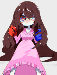  1girl absurdres alternate_hair_length alternate_hairstyle asymmetrical_gloves blue_eyes blue_gloves blush blush_stickers breasts brown_hair cleavage closed_mouth colored_skin commentary_request cropped_legs dress frilled_dress frills frown gloves grey_background highres holding_own_hair long_hair looking_at_viewer matatabi_tukikage medium_breasts mismatched_gloves nightgown on_bed pink_dress pink_nightgown pomni_(the_amazing_digital_circus) red_eyes red_gloves simple_background sitting solo the_amazing_digital_circus two-tone_eyes very_long_hair white_skin 