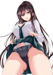 1girl bad_id bad_pixiv_id black_hair black_panties bow bow_panties breasts brown_eyes buttons clothes_lift commentary_request cowboy_shot dress_shirt from_below frown gluteal_fold green_necktie green_skirt hair_between_eyes highres idolmaster idolmaster_shiny_colors large_breasts lifting_own_clothes long_hair long_sleeves looking_at_viewer navel necktie open_mouth panties plaid plaid_skirt ponytail_korosuke revision shirase_sakuya shirt simple_background skirt skirt_lift solo underwear white_background white_shirt rating:Questionable score:19 user:danbooru