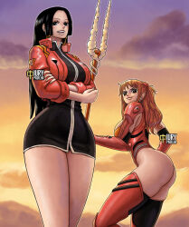  2girls alternate_costume arms_under_breasts artist_name ass black_hair boa_hancock bodysuit breasts color_connection cosplay curvy dress ear_piercing female_focus hair_color_connection highleg highleg_leotard huge_ass iury_padilha jacket katsuragi_misato katsuragi_misato_(cosplay) large_breasts leotard long_hair looking_at_viewer mitsuishi_kotono multiple_girls nami_(one_piece) neon_genesis_evangelion official_alternate_costume one_piece open_clothes open_jacket orange_hair piercing plugsuit red_bodysuit red_jacket red_leotard shiny_clothes short_dress sky smile souryuu_asuka_langley souryuu_asuka_langley_(cosplay) thighs thong_leotard voice_actor_connection wide_hips 
