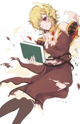  1girl bare_shoulders blonde_hair book brown_dress brown_pantyhose citrinne_(fire_emblem) commentary_request dress earrings feet_out_of_frame fire_emblem fire_emblem_engage hair_ornament holding holding_book jewelry neck_ring nintendo one_eye_closed pantyhose red_eyes short_hair solo torn_clothes torn_dress unfinished yuuri_(orz_commushows) 
