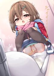 1girl absurdres backpack bag bar_censor bathroom black_pantyhose blue_hoodie blue_shorts blush breath brown_eyes brown_hair censored cleft_of_venus clothes_pull denim denim_shorts female_focus green_panties hair_ornament hairclip heart highres hood hoodie kinomiki_nobori loli long_hair long_sleeves looking_down open_clothes open_hoodie open_mouth panties panty_pull pantyhose pantyhose_pull peeing pink_scarf pussy randoseru relief scarf shoes shorts shorts_pull sneakers solo squat_toilet squatting steam sweat sweater toilet toilet_use trembling underwear white_footwear yellow_sweater rating:Explicit score:69 user:cpee