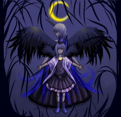 123hamster absurdres back-to-back blue_eyes boots cape crescent crown dress dual_persona frown highres holding_hands horn long_hair looking_back luna_(my_little_pony) monster_girl moon my_little_pony my_little_pony:_friendship_is_magic night nightmare_moon personification purple_hair size_difference star tree wavy_mouth wings rating:Sensitive score:0 user:danbooru