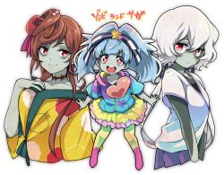  3girls :d argyle argyle_clothes argyle_kimono blue_hair brown_hair copyright_name dango_hair_ornament food-themed_hair_ornament hair_between_eyes hair_ornament hand_on_own_chest heart heart_hair heart_out_of_chest hoshikawa_lily konno_junko light_blue_hair long_hair looking_at_viewer low_twintails multiple_girls open_mouth patchwork_skin red_eyes scar scar_on_neck simple_background smile star_(symbol) star_hair_ornament tanabe_maho twintails upper_body white_background white_hair yuugiri_(zombie_land_saga) zombie zombie_land_saga 
