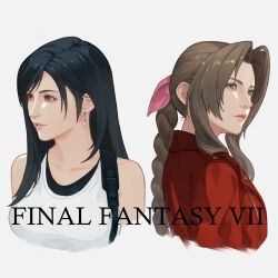 2girls aerith_gainsborough bare_shoulders black_hair braid braided_ponytail breasts brown_hair collarbone copyright_name cropped_torso earrings final_fantasy final_fantasy_vii final_fantasy_vii_rebirth final_fantasy_vii_remake green_eyes grey_background hair_ribbon hashtag-only_commentary highres jacket jewelry lips looking_to_the_side medium_breasts multiple_girls parted_bangs parted_lips pink_lips pink_ribbon red_eyes red_jacket ribbon rinbukyoku sidelocks single_earring suspenders swept_bangs tank_top tifa_lockhart upper_body white_tank_top 
