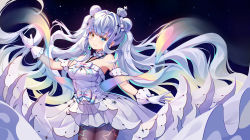  1girl aaeru bare_shoulders black_pantyhose blue_eyes bow commentary crown detached_collar double_bun dress eyelashes floating_hair frilled_gloves frills gloves gradient_hair hair_bow hair_bun heterochromia highres kagura_gumi kagura_mea long_hair multicolored_hair night night_sky pantyhose rainbow_hair silver_hair sky smile solo standing star-shaped_pupils star_(symbol) symbol-shaped_pupils tagme upper_body very_long_hair virtual_youtuber waist_bow white_dress white_gloves white_neckwear yellow_eyes 