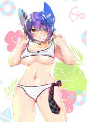 1girl :d absurdres bare_arms bare_shoulders bikini bikini_top_lift breasts brown_eyes clothes_lift collarbone eyepatch floral_background gluteal_fold grin hair_between_eyes headgear highres kantai_collection large_breasts lifting_own_clothes minatasiro navel one_eye_covered open_mouth purple_hair shiny_skin short_hair smile solo sparkle standing stomach strap_lift swimsuit teeth tenryuu_(kancolle) thighs underboob v-shaped_eyebrows w_arms white_bikini rating:Questionable score:9 user:danbooru
