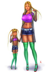  2girls belly_piercing belt blonde_hair blush breasts brown_eyes denim denim_shorts earrings female_focus flat_chest gyaru heizo_nt holding_hands huge_breasts jewelry large_breasts lipstick loli long_hair makeup mother_and_daughter multiple_girls nail_polish navel navel_piercing necklace piercing red_footwear red_lips revealing_clothes shoes shorts signature simple_background source_request standing thighhighs twintails v white_background white_nails 
