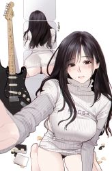 1girl artist_name ass black_eyes black_hair black_panties breasts commentary_request grey_sweater guitar highres hitomi_o instrument large_breasts long_hair long_sleeves mirror original panties plectrum pov reflection ribbed_sweater sitting solo sweater turtleneck turtleneck_sweater underwear white_background zipper zipper_pull_tab rating:Sensitive score:29 user:danbooru
