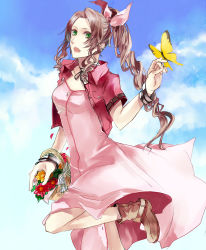  1990s_(style) 1girl aerith_gainsborough basket boots bracelet brown_hair bug butterfly cloud dress female_focus final_fantasy final_fantasy_vii flower green_eyes bug jacket jewelry long_hair mamemameo open_mouth outdoors pink_ribbon ponytail ribbon sky solo 