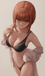 1girl @_@ alternate_costume black_bra black_panties bra breasts chainsaw_man feet_out_of_frame highres hinaki_(hinaki_0102) large_breasts looking_at_viewer makima_(chainsaw_man) navel orange_hair panties shirt simple_background smile standing underwear undressing yellow_eyes rating:Questionable score:54 user:buster2222