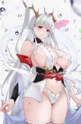 1girl :o alternate_breast_size azur_lane baige0 bare_shoulders breasts commentary_request detached_sleeves dragon_girl dragon_horns hair_on_horn highres horns huge_breasts japanese_clothes large_breasts long_hair looking_at_viewer navel panties red_eyes revealing_clothes shimanto_(azur_lane) sideboob solo thighhighs underwear very_long_hair white_hair white_panties white_thighhighs rating:Sensitive score:47 user:danbooru