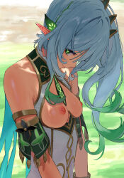  1girl aged_up alternate_breast_size bare_shoulders braid breastless_clothes breasts breasts_out closed_mouth colored_tips cross-shaped_pupils crown_braid detached_sleeves dress genshin_impact gradient_hair green_background green_eyes green_hair grey_hair hair_ornament highres leaf_hair_ornament long_hair looking_at_viewer medium_breasts multicolored_hair nahida_(genshin_impact) nipples pointy_ears profile short_sleeves side_ponytail sideways_glance sleeveless sleeveless_dress smile solo some1else45 symbol-shaped_pupils upper_body white_dress  rating:Questionable score:234 user:danbooru