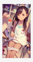  1girl :p backpack bag black_eyes black_hair blurry blurry_background blush border bracelet braid classroom cleft_of_venus desk dress female_focus french_braid hair_ornament hairclip highres indoors jewelry light_particles loli long_hair looking_at_viewer lube_bottle manga_(object) muk_(monsieur) naughty_face on_desk original panties panty_pull pornography pussy pussy_juice pussy_juice_trail randoseru school_desk sex_toy sitting on_desk smile solo tongue tongue_out underwear unworn_backpack unworn_bag white_border white_dress white_panties wooden_floor  rating:Explicit score:608 user:Tokiori