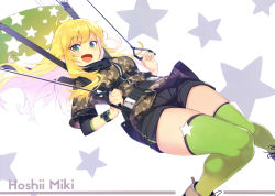  1girl :d ahoge bandana blonde_hair breasts camouflage character_name green_eyes green_thighhighs harness highres hoshii_miki idolmaster idolmaster_(classic) knees_together_feet_apart long_hair looking_at_viewer medium_breasts open_mouth parachute satori0121 scan short_shorts shorts sidelocks simple_background smile solo stitched thighhighs third-party_edit wristband 