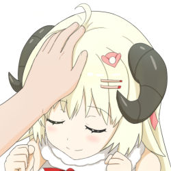  ^_^ ahoge animal_ears blonde_hair closed_eyes commentary disembodied_hand dress english_commentary fin_naubot fur-trimmed_dress fur_trim hair_ornament hairclip half_updo hand_on_another&#039;s_head head_pat headpat hololive horns long_hair out_of_frame sheep_ears sheep_girl sheep_horns sleeveless sleeveless_dress tsunomaki_watame tsunomaki_watame_(1st_costume) very_long_hair virtual_youtuber  rating:Sensitive score:13 user:danbooru