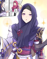  2girls :d :o ^_^ absurdres asiri_senpai closed_eyes commentary genshin_impact highres hijab hood japanese_clothes kimono looking_at_viewer mole mole_under_eye multiple_girls obi open_mouth purple_eyes purple_kimono purple_sash raiden_shogun sash smile sparkle upper_body 