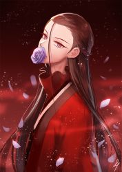  androgynous blue_eyes brown_hair flower_in_mouth gender_request lapistool long_hair mouth_hold original petals red_background red_theme signature solo upper_body 