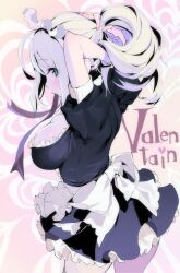 1girl apron black_dress blush breasts cleavage dress green_eyes highres large_breasts long_hair maid_apron maid_headdress mouth_hold original ponytail solo tinkle_bell tying_hair valentine white_apron white_hair 
