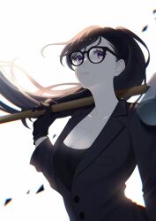  1girl black_gloves black_hair breasts cleavage closed_mouth collarbone floating_hair formal glasses gloves hammer highres holding holding_weapon large_breasts long_hair minakata_hizuru mole mole_under_mouth purple_eyes sledgehammer solo suit summertime_render weapon white_background wxyws 