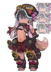 1boy absurdres armor barefoot black_collar black_hat blue_eyes bright_pupils claws closed_eyes collar dark_skin dot_nose double-parted_bangs expressions flower fur_trim goggles grey_eyebrows grey_hair hair_between_eyes hat helmet highres hip_flask long_sleeves looking_at_viewer namagawa_(tsukushi_akihito) original outie_navel pink_fur pink_sleeves red_shorts short_eyebrows shorts sleeves_with_ears smile solo standing stitches toes tsukushi_akihito two-tone_eyebrows two-tone_eyes two-tone_whiskers whiskers white_background white_flower
