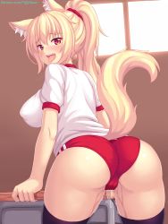 1girl animal_ear_fluff animal_ears ass black_thighhighs blonde_hair blush breasts buruma cameltoe cat_ears cat_tail crotch_rub desk female_masturbation from_behind gym_uniform highres huge_ass large_breasts long_hair looking_at_viewer looking_back masturbation masturbation_through_clothes nottytiffy open_mouth original ponytail pussy_juice red_eyes saliva school_desk shiny_skin shirt sideboob solo table_humping tail thighhighs tiffy_(nottytiffy) tongue tongue_out watermark web_address wet_buruma yellow_eyes rating:Explicit score:121 user:armorcrystal