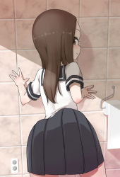 1girl against_wall ass bathroom black_skirt brown_eyes brown_hair child closed_mouth electrical_outlet from_behind highres karakai_jouzu_no_takagi-san looking_at_viewer looking_back note2000 pleated_skirt profile school_uniform shirt short_sleeves skirt smile solo takagi-san tile_wall tiles toilet_paper white_shirt rating:Sensitive score:193 user:Domestic_Importer