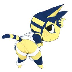 1girl animal_crossing animal_ears ankha_(animal_crossing) anus ass bandage bent_over black_eyes blush bottomless cat_ears cat_tail egyptian female_focus from_behind furry highres looking_back nintendo pussy simple_background solo tail white_background youjomodoki
