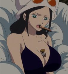  1boy 1girl alternate_costume between_breasts black_hair blue_eyes breasts cigar cigar_in_mouth cleavage dress hat large_breasts long_hair nico_robin nico_robin_(dressrosa) official_alternate_costume one_piece open_mouth screencap short_dress smoking sunglasses surprised third-party_edit very_long_hair wide_hips  rating:Questionable score:8 user:MegaLink