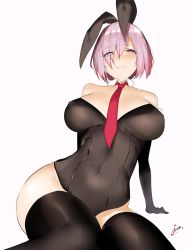 112san 1girl animal_ears arm_support bad_id bad_pixiv_id bare_shoulders between_breasts black_leotard blush breasts breasts_apart cleavage covered_erect_nipples covered_navel detached_collar eyes_visible_through_hair fake_animal_ears fate/grand_order fate_(series) hair_over_one_eye large_breasts leaning_back leotard light_purple_hair looking_at_viewer mash_kyrielight necktie necktie_between_breasts playboy_bunny purple_eyes rabbit_ears red_necktie short_hair sitting smile solo strapless strapless_leotard thighhighs white_background wrist_cuffs rating:Questionable score:19 user:danbooru