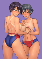  2girls :o abs ass bang-you black_hair blush breasts brown_eyes clothes_pull collarbone competition_swimsuit embarrassed green_eyes grey_hair highres holding_hands interlocked_fingers large_breasts looking_at_viewer medium_breasts multiple_girls navel nipples one-piece_swimsuit one-piece_swimsuit_pull open_mouth original purple_background short_hair simple_background skindentation sweat swimsuit tan tanline toned topless track_uniform 