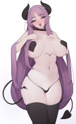 1girl black_horns black_thighhighs blush breasts covered_erect_nipples demon_girl demon_horns demon_tail eyes_visible_through_hair eyeshadow gradient_background half-closed_eyes heart heart_pasties highres horns large_breasts long_hair makeup navel open_mouth original pasties pointy_ears purple_eyes purple_eyeshadow purple_hair rabbit_(wlsdnjs950) skindentation solo tail teeth thighhighs upper_teeth_only very_long_hair rating:Questionable score:87 user:danbooru