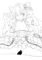 1girl censored chaos_marie_(grimms_notes) collarbone cum_on_chest dress flower frills gouhourairaku_(goohourairaku) grimms_notes group_sex hair_ribbon hands_up highres long_hair mosaic_censoring nipples one_eye_closed open_clothes pink_background puffy_sleeves red_flower red_rose ribbon rose simple_background sketch solo solo_focus straddling unfinished vaginal white_background wings
