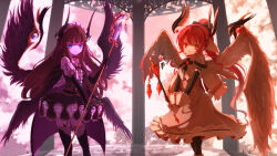  2girls angel_and_devil bad_id bad_pixiv_id black_bow black_cape black_dress black_gloves black_thighhighs black_wings blue_eyes bow brown_hair cape center_frills column commentary_request dress elbow_gloves feathered_wings feet_out_of_frame frilled_dress frills gloves hair_bow highres holding holding_staff idol_clothes kurosu_aroma long_hair looking_at_viewer multiple_girls multiple_wings open_mouth pillar pretty_series pripara red_hair ruru_ashihara shiratama_mikan smile staff standing thighhighs white_dress white_gloves white_wings wings yellow_eyes 