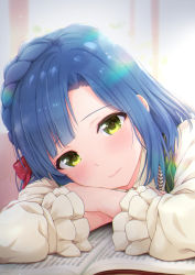  1girl amenosorashido blue_hair blurry blurry_background blush book bow braid closed_mouth commentary_request crossed_arms frilled_sleeves frills hair_bow head_rest head_tilt highres idolmaster idolmaster_million_live! indoors lens_flare light_particles long_sleeves looking_at_viewer medium_hair nanao_yuriko open_book parted_bangs portrait red_bow shirt solo upper_body white_shirt yellow_eyes  rating:Sensitive score:14 user:danbooru