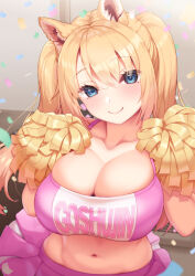  1girl animal_ears blonde_hair blue_eyes breasts cheerleader cleavage closed_mouth clothes_writing collarbone commentary_request dog_ears dog_girl eyes_visible_through_hair hair_between_eyes highres holding holding_pom_poms large_breasts long_hair looking_at_viewer midriff navel original pink_skirt pom_pom_(cheerleading) pom_poms skirt smile solo tachimi_(basue) twintails  rating:Sensitive score:22 user:danbooru