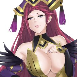  1girl bare_shoulders braid breasts cleavage earrings feather_trim fire_emblem fire_emblem_heroes hand_on_own_chest hat highres j@ck jewelry large_breasts lipstick loki_(fire_emblem) long_hair looking_at_viewer makeup nail_polish nintendo parted_lips purple_eyes purple_hair purple_nails smile solo upper_body  rating:Sensitive score:51 user:danbooru