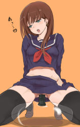  1girl ahegao aqua_eyes arm_support arms_behind_back black_thighhighs blush brown_hair bubble dildo dildo_riding earrings female_masturbation fucked_silly green_eyes head_tilt highres jewelry leaning_back loafers long_hair looking_away masturbation midriff navel no_panties nose_blush open_mouth orange_background original perspective pleated_skirt pussy pussy_juice saliva saliva_trail school_uniform serafuku sex_toy shoes simple_background skirt solo squatting tarayama text_focus thick_thighs thighhighs thighs tongue tongue_out torogao unbuttoned vaginal zettai_ryouiki  rating:Explicit score:99 user:danbooru