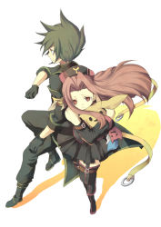 00s 1boy 1girl ahoge aki-t arietta_(tales) black_gloves black_thighhighs boots detached_sleeves doll dress full_body gloves green_hair hat long_hair pants parted_bangs pink_hair sync_(tales) tales_of_(series) tales_of_the_abyss thigh_boots thigh_strap thighhighs rating:Sensitive score:2 user:danbooru