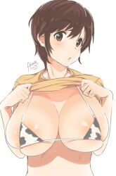  1girl :o animal_print areola_slip bikini blush breasts brown_eyes brown_hair chestnut_mouth cleavage clothes_lift collarbone commentary cow_print cow_print_bikini hands_up idolmaster idolmaster_cinderella_girls idolmaster_cinderella_girls_starlight_stage large_breasts lifted_by_self looking_at_viewer micro_bikini oikawa_shizuku print_bikini rkrk shirt short_hair short_sleeves signature simple_background skindentation solo swimsuit upper_body white_background yellow_shirt 