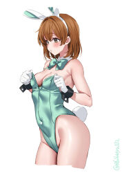  1girl animal_ears artist_name bare_shoulders blush breasts brown_eyes brown_hair commentary covered_navel cropped_legs detached_collar ebifurya fake_animal_ears fake_tail gloves groin hair_between_eyes hands_up highleg highleg_leotard highres kantai_collection leotard medium_breasts medium_hair oboro_(kancolle) one-hour_drawing_challenge parted_lips playboy_bunny rabbit_ears rabbit_tail raised_eyebrows sidelocks simple_background strapless strapless_leotard tail thighs twitter_username white_background white_gloves 