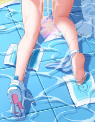  1girl absurdres aftersex arona_(blue_archive) barefoot blue_archive blue_panties chinese_commentary commentary_request cum cum_on_body cum_overflow cumdrip denfunsan envelope feet foot_focus from_behind highres legs loli panties panties_around_leg shoe_soles shoes single_shoe soles solo striped_clothes striped_panties toes underwear water wet white_footwear white_panties 